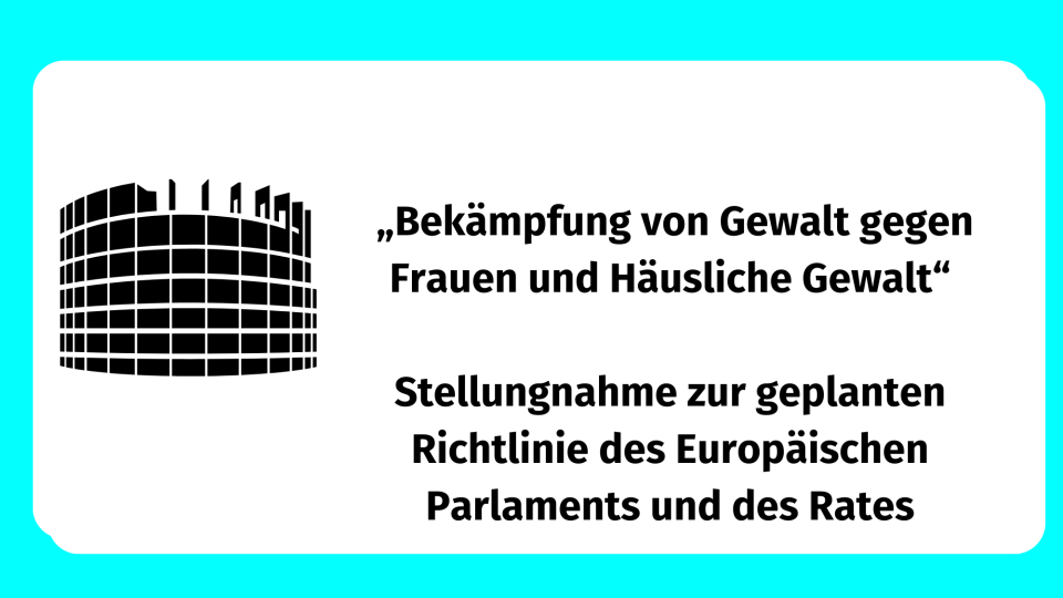 Grafik EU Gebäude mit Text: "Bekämpfung von Gewalt gegen Frauen und häuslicher Gewalt" Stellungnahme zur geplanten EU Richtlinie des Europäischen Parlaments