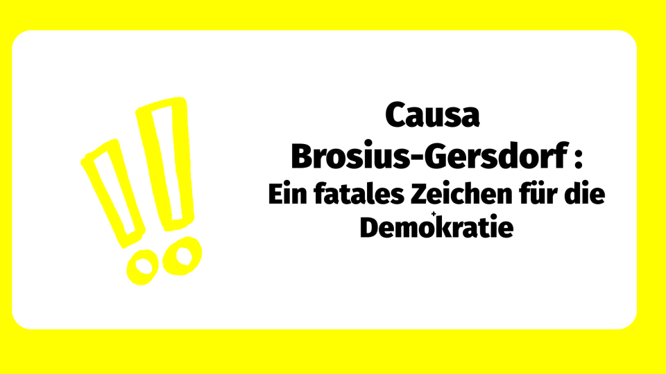zwei gelbe Ausrufezeichen und Text: Causa Brosius-Gersdorf: Ein fatales Zeichen für die Demokratie 