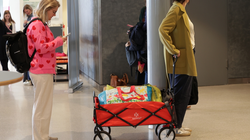 Frau zieht Bollerwagen mit Material